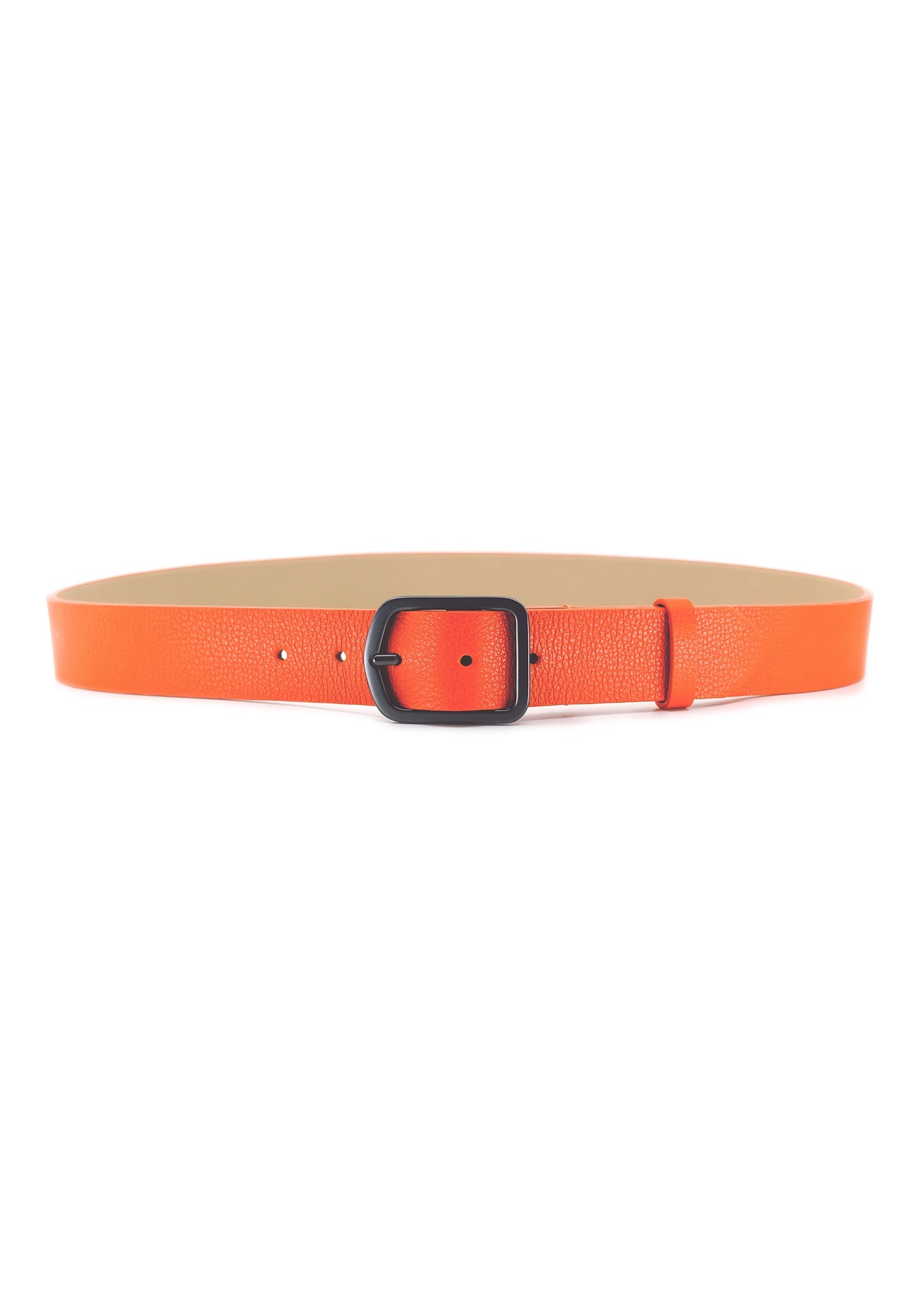 Horizontal view of the bright orange Tatooine Sunset Grunge Belt in pebble-grain leather with a matte black buckle.