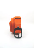 Vertical profile of coiled Tatooine Sunset Grunge Belt in orange pebble-grain leather with a matte black buckle.