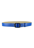 Horizontal view of the Betty Blue Grunge Belt in pebble-grain leather with a matte black buckle and matching loop.