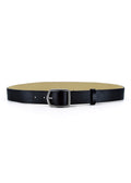 Horizontal view of the Pitch Black Grunge Belt in pebble-grain leather with a weathered silver buckle and loop.