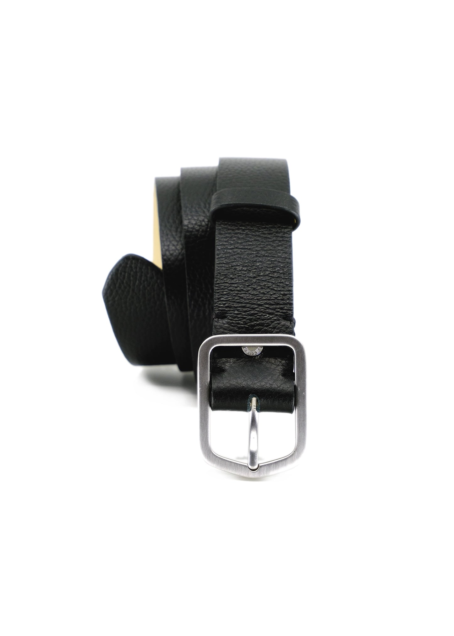 Vertical profile of coiled Pitch Black Grunge Belt in pebble-grain leather with a weathered silver buckle.