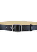 Close-up of the Pitch Black Grunge Belt in pebble-grain leather with a weathered silver buckle and a cream interior.