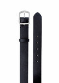 Top-down view of Pitch Black Grunge Belt in pebble-grain leather with a weathered silver buckle and matching loop.