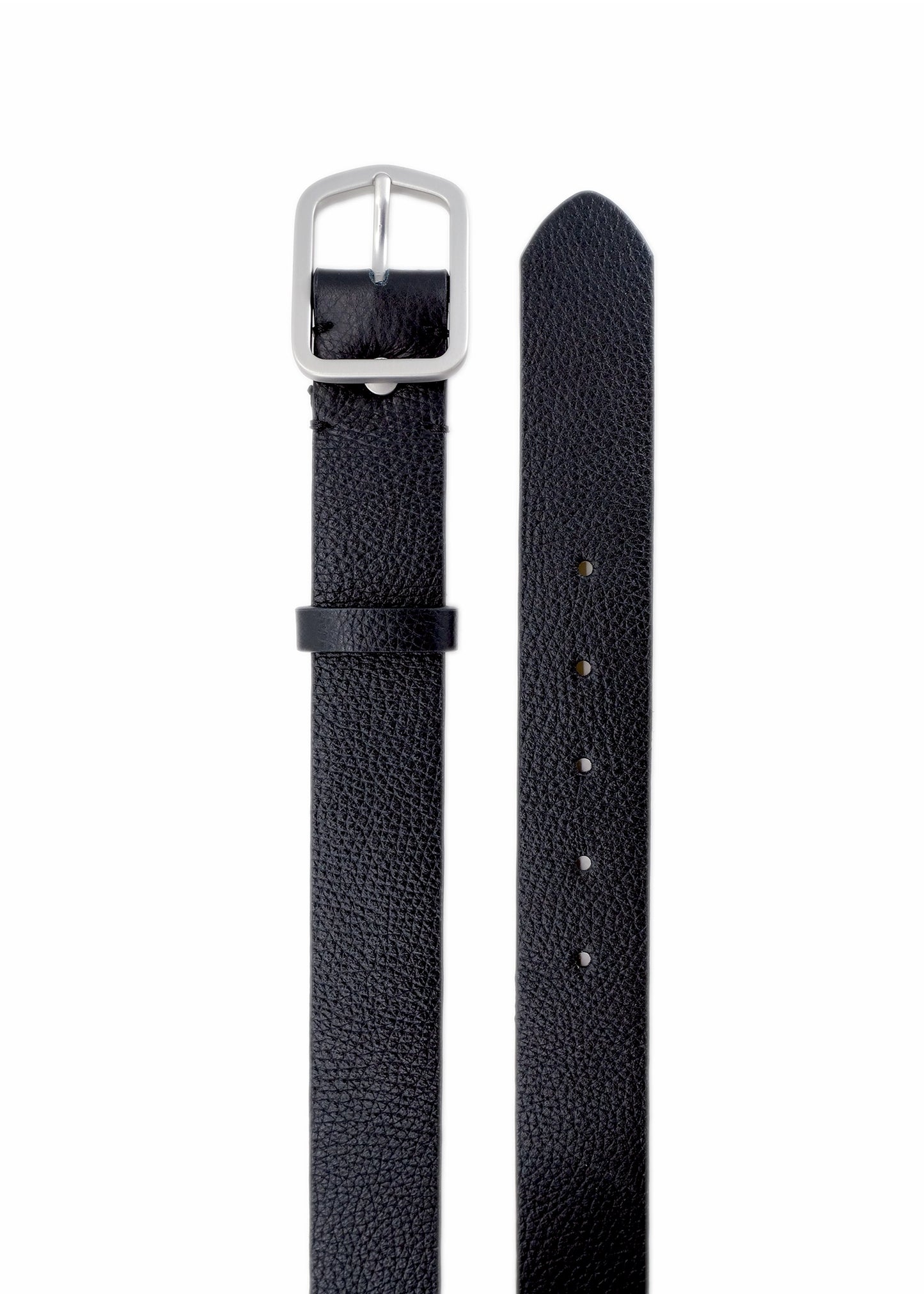 Top-down view of Pitch Black Grunge Belt in pebble-grain leather with a weathered silver buckle and matching loop.