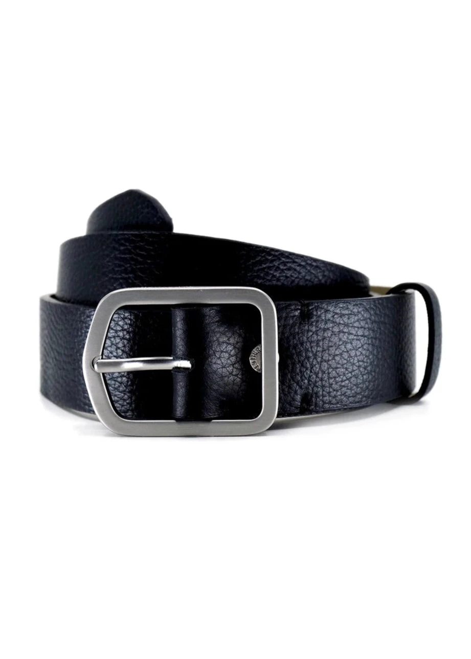 Coiled Pitch Black Grunge Belt in textured pebble-grain leather with a weathered silver buckle and matching loop.