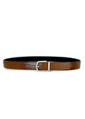 Horizontal view of the Two-Face Belt in Smokey Cognac crocodile embossed leather with a reversible silver buckle.