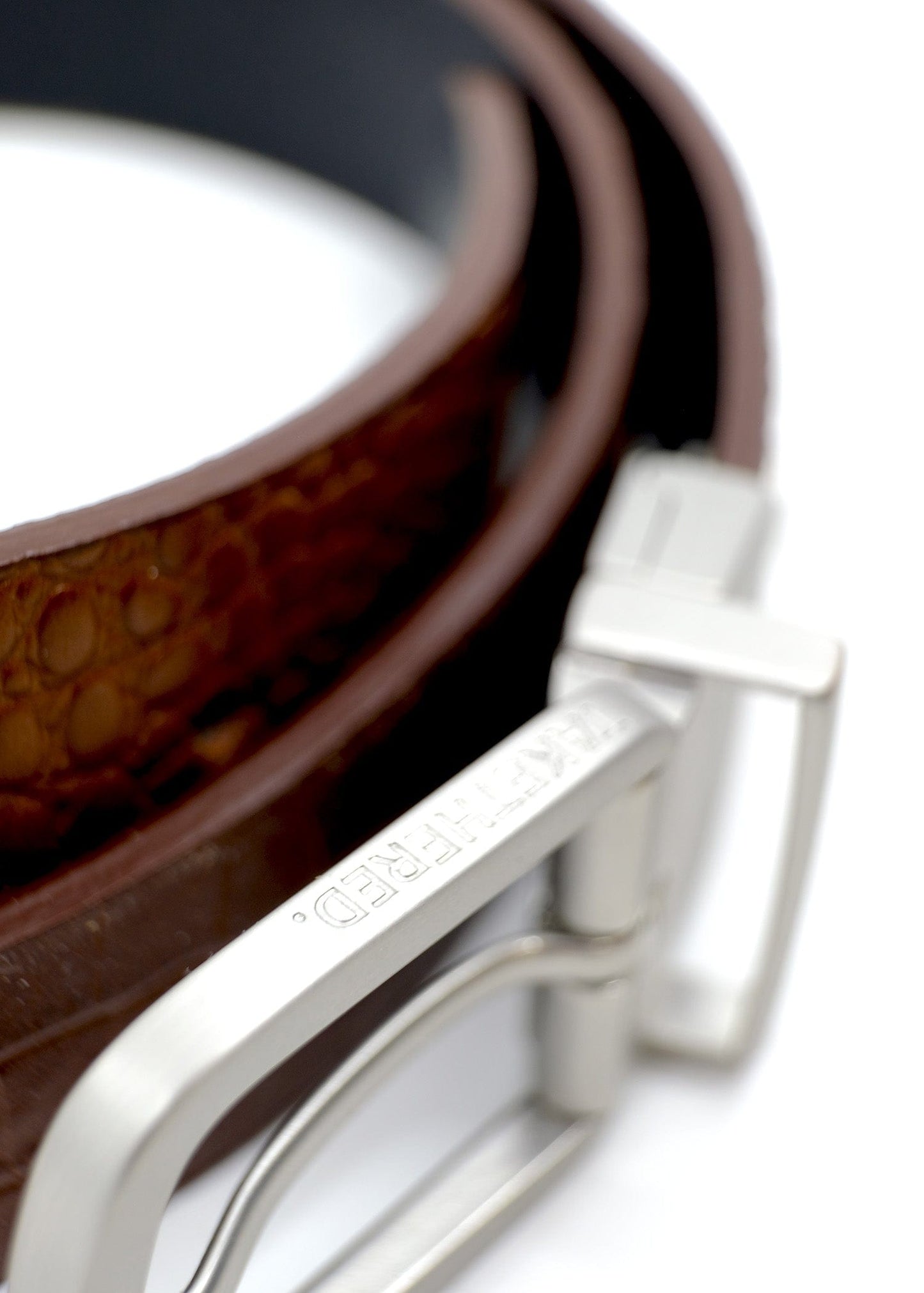 Extreme close-up of a reversible silver buckle with "BIRD & ASH." engraved on the edge, featuring a coiled belt.