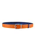 Full horizontal view of the Two-Face belt flipped to the Orange side, highlighting the leather texture and the silver-tone buckle.