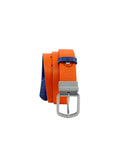Vertical profile of the coiled Two-Face belt flipped to show the Orange leather side, with a silver-tone reversible swivel buckle.