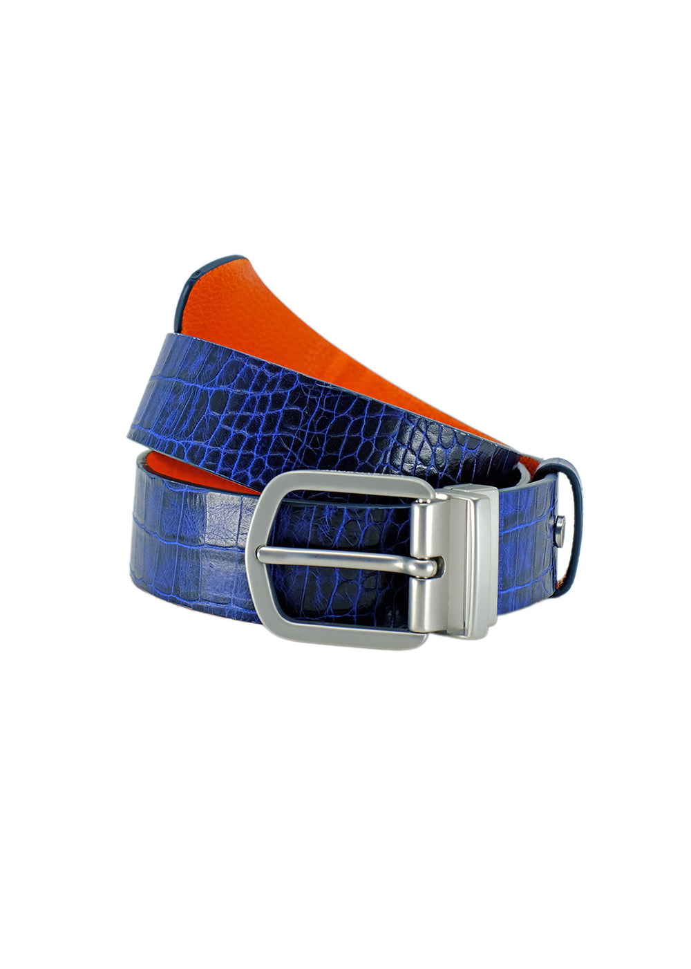 Coiled Two-Face belt featuring Shadow Blue crocodile embossed leather and smooth Tatooine Orange leather on the reverse.