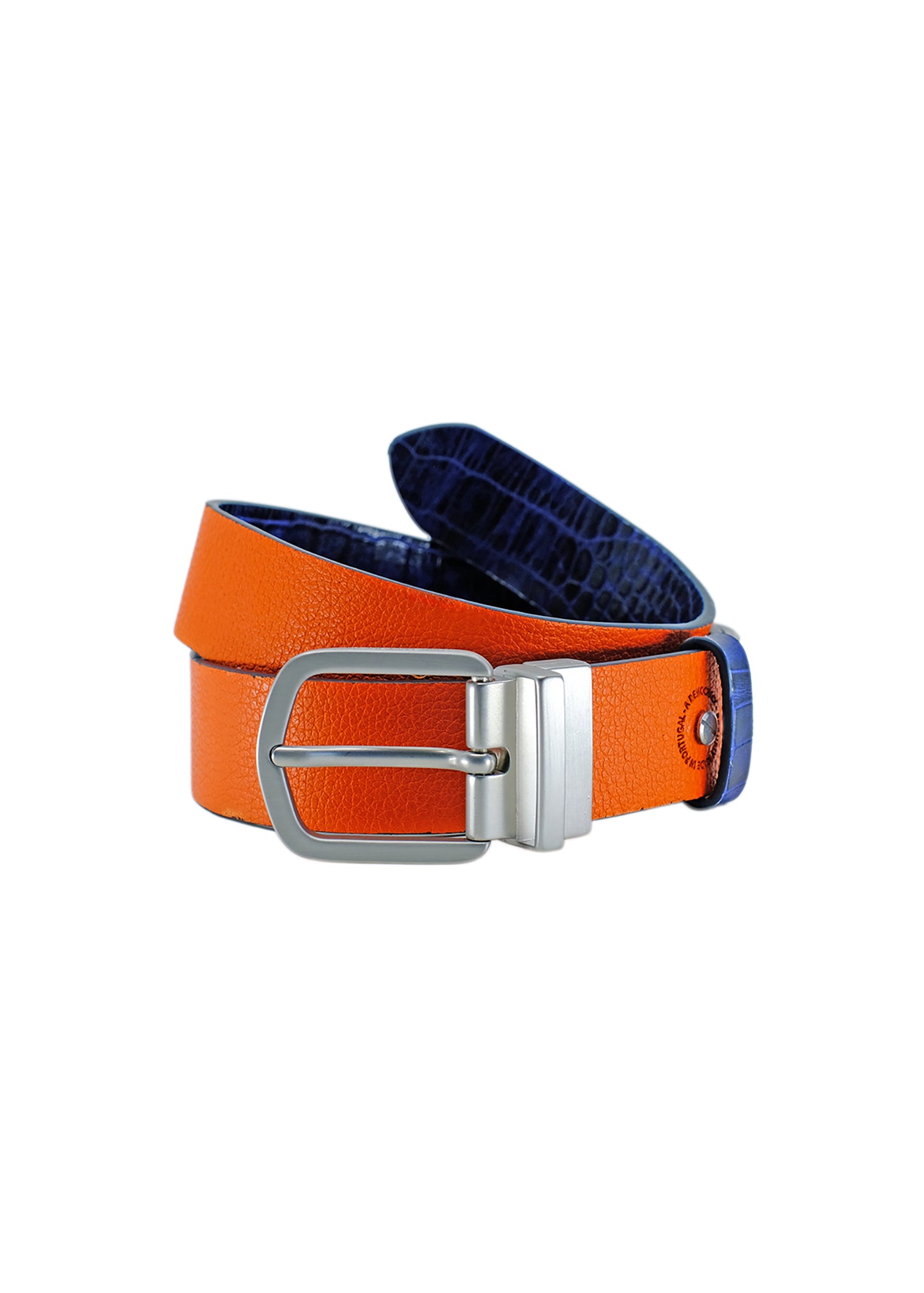 Coiled Two-Face belt flipped to the orange side, showing the leather texture and the silver-tone buckle against a white background.