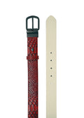 Top-down vertical display of the Two-Face belt, showcasing the Blood Simple red snakeskin side next to the Desert White leather side.