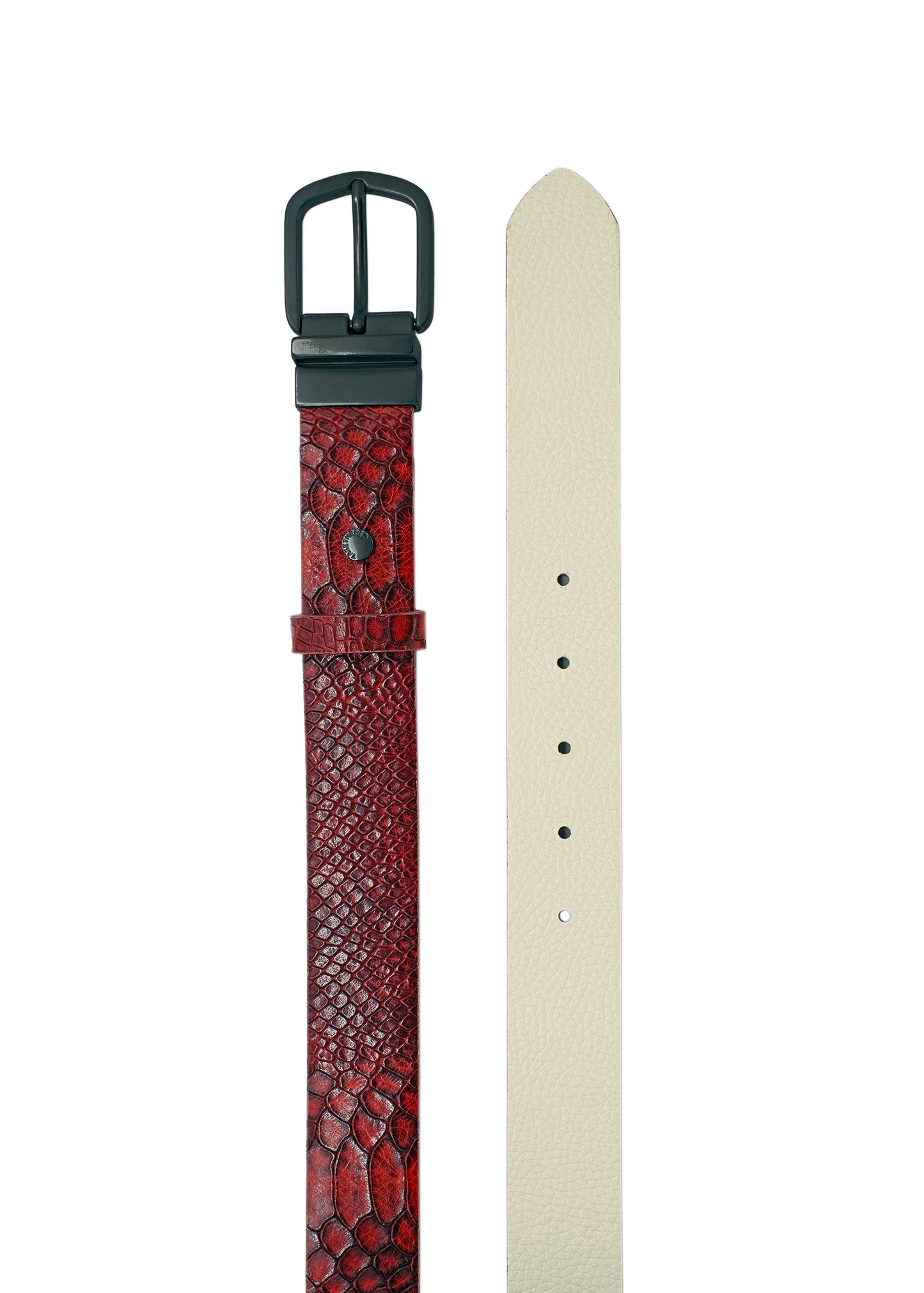 Top-down vertical display of the Two-Face belt, showcasing the Blood Simple red snakeskin side next to the Desert White leather side.