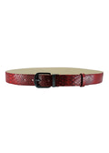Full horizontal view of the Blood Simple snakeskin belt with its black buckle fastened, showcasing the rich red texture and clean silhouette.