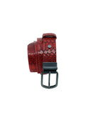 Vertical profile of the coiled Blood Simple red snakeskin belt, showcasing the black swivel buckle and the pattern.