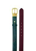 Top-down vertical display of the Two-Face belt, showcasing the Ruby Green crocodile embossed side next to the smooth, Red Mist leather side.