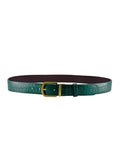 Full horizontal view of the Two-Face belt, highlighting the vibrant Ruby Green crocodile texture on the outside and a glimpse of the deep Red Mist interior.