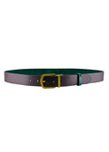 Full horizontal view of the Two-Face belt flipped to the Red Mist side, highlighting the smooth burgundy leather and the reversible gold buckle.