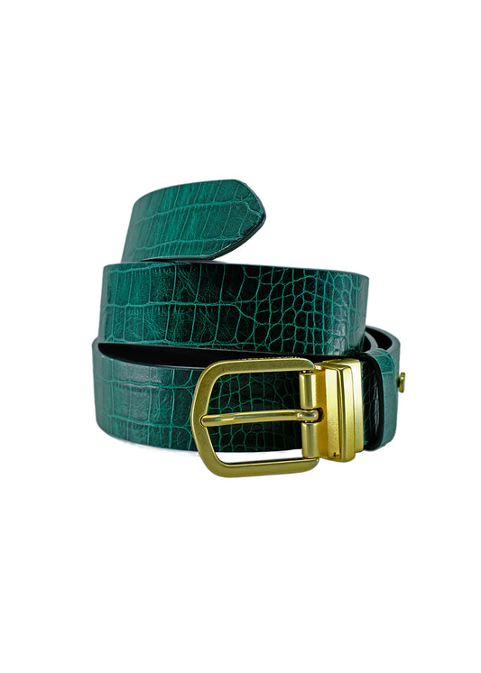 Coiled Two-Face belt showcasing the Green crocodile embossed leather exterior and a reversible gold-tone buckle, isolated on a white background.