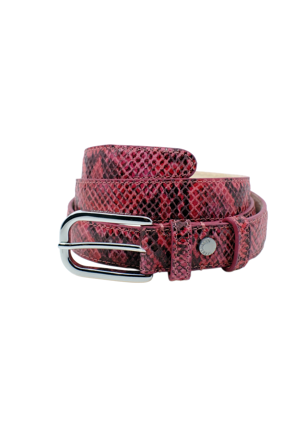 Coiled Barbie Pink snakeskin embossed leather belt with a silver buckle, isolated on a white background.