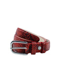 Coiled Blood red snakeskin embossed leather belt with a silver buckle, isolated on a white background.