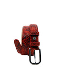Vertical profile of the Blood red snakeskin belt, coiled to display the silver buckle and vibrant snake pattern.