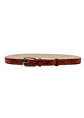 Blood red snakeskin belt fastened in a circular loop, featuring a classic silver buckle.