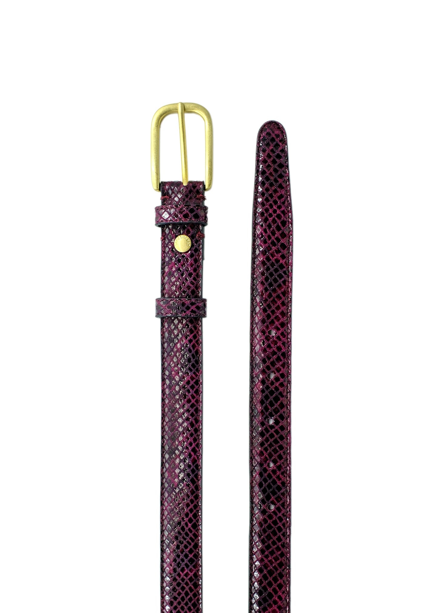 Top-down view of the Dark Plum snakeskin belt, showcasing the gold-tone buckle and tapered end on white.