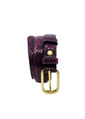 Vertical display of the Dark Plum snakeskin leather belt, coiled to highlight the gold buckle and scale texture.