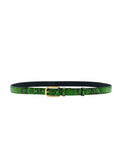 Horizontal profile of the Atomic Green snakeskin belt, fully fastened to showcase the slim silhouette on white.