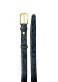 Flat lay of grey snakeskin embossed leather belt showing gold buckle and tapered tip on white.