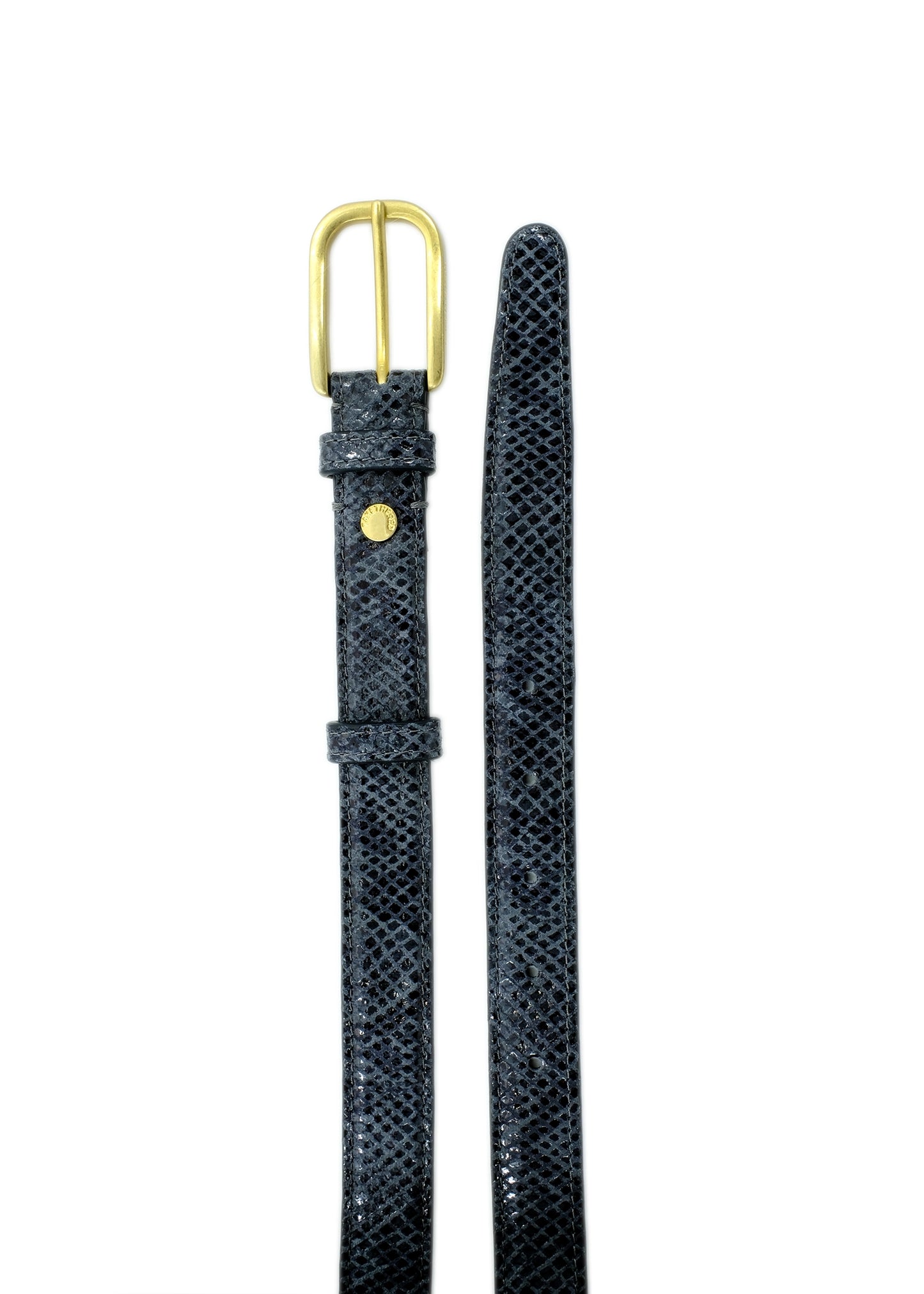 Flat lay of grey snakeskin embossed leather belt showing gold buckle and tapered tip on white.