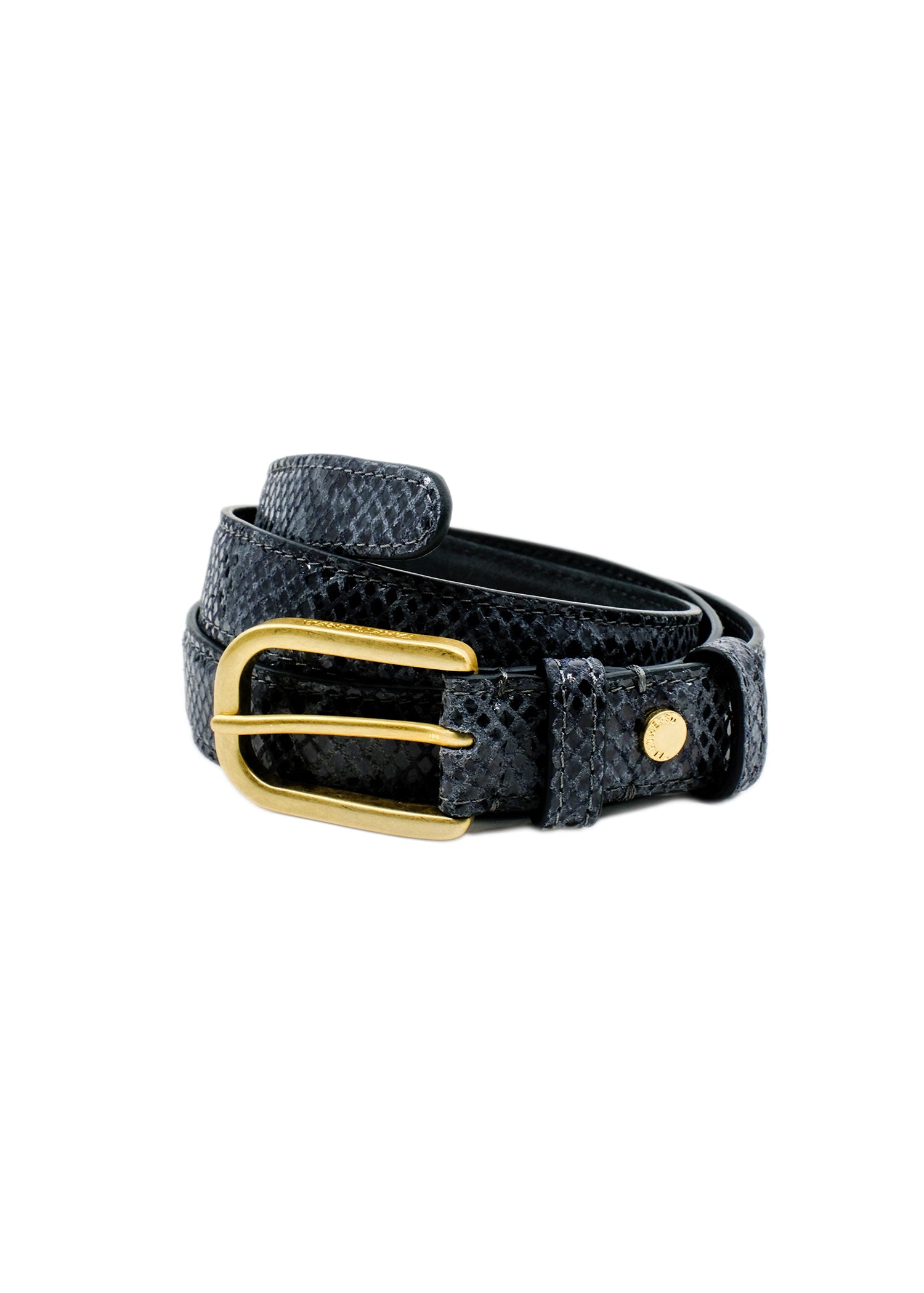 Coiled embossed leather belt with a gold-tone buckle, isolated on a white background.