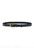 Storm grey snakeskin embossed leather belt with gold buckle, fastened and isolated on white.