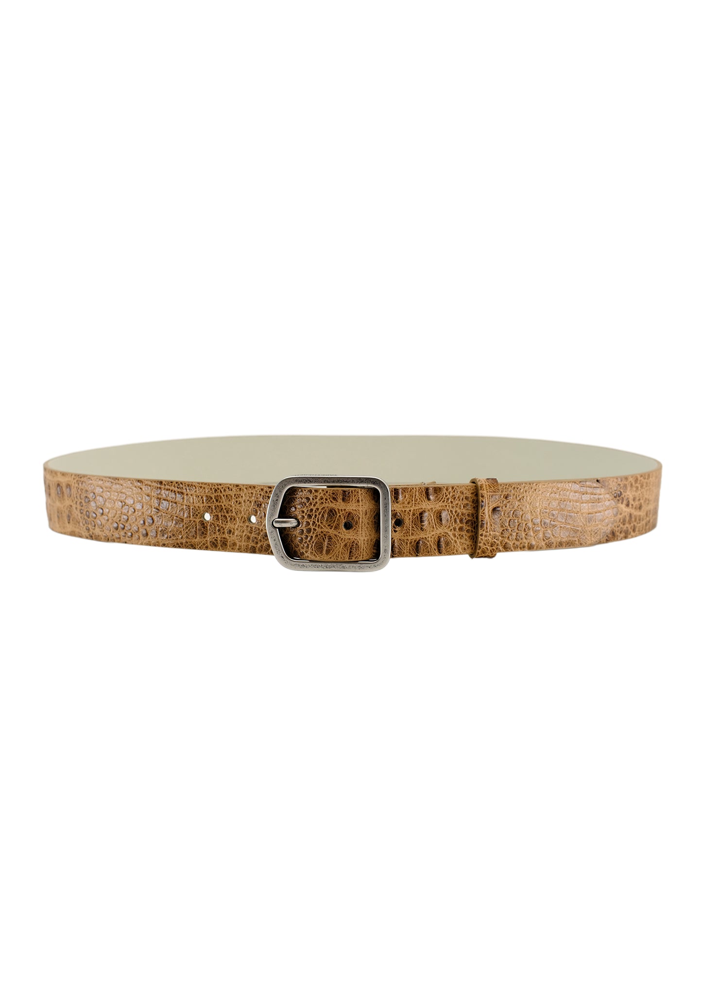Full horizontal view of the Dusty Spring crocodile embossed belt, showcasing its texture and silver buckle on a white background.