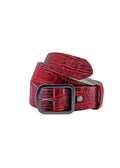Coiled Pink Grape alligator embossed leather belt with a sleek black dull brass buckle, isolated on a white background.