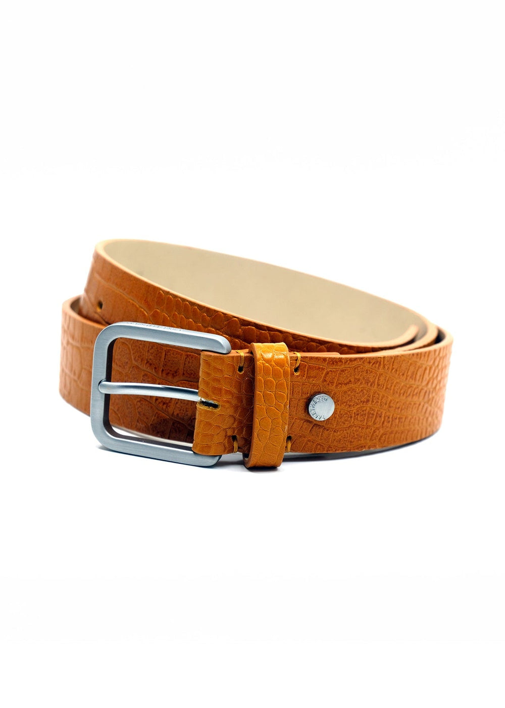 Coiled Submarine Yellow Mississippi Belt in crocodile-embossed leather with a silver buckle and matching stitching.