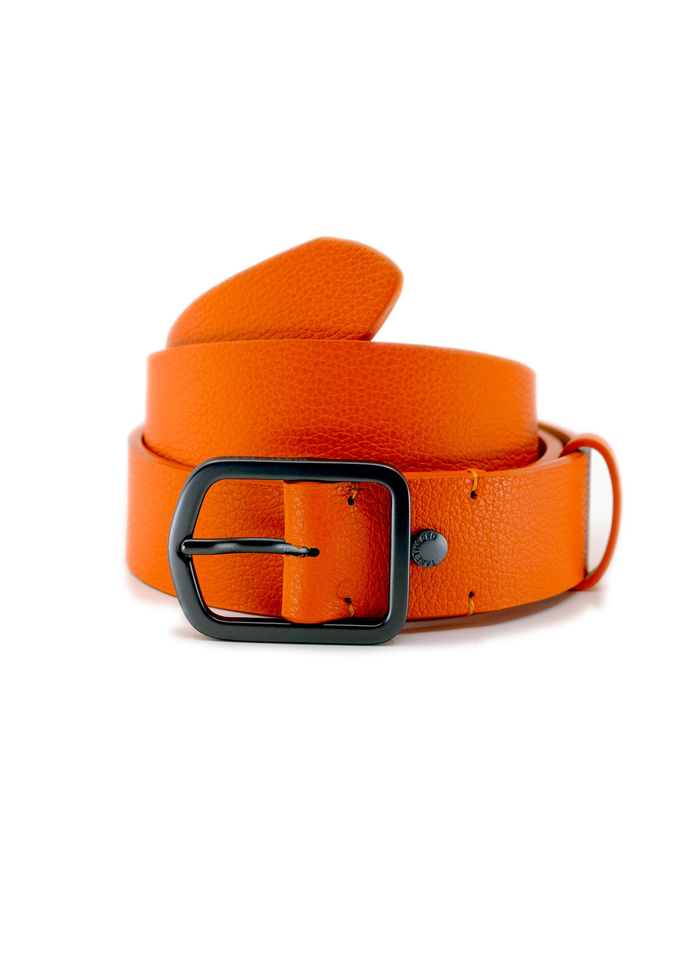 Coiled Tatooine Sunset Grunge Belt in bright orange pebble-grain leather with a matte black buckle and orange stitching.