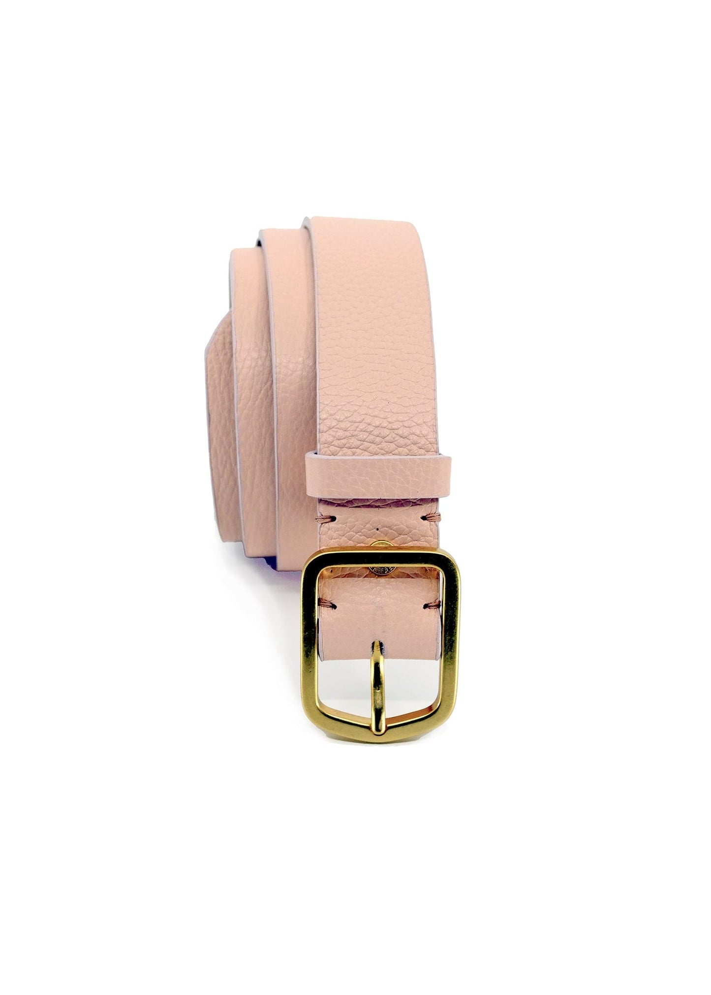 Vertical profile of coiled Nude Pink Grunge Belt in pebble-grain leather with a gold buckle and contrasting interior.