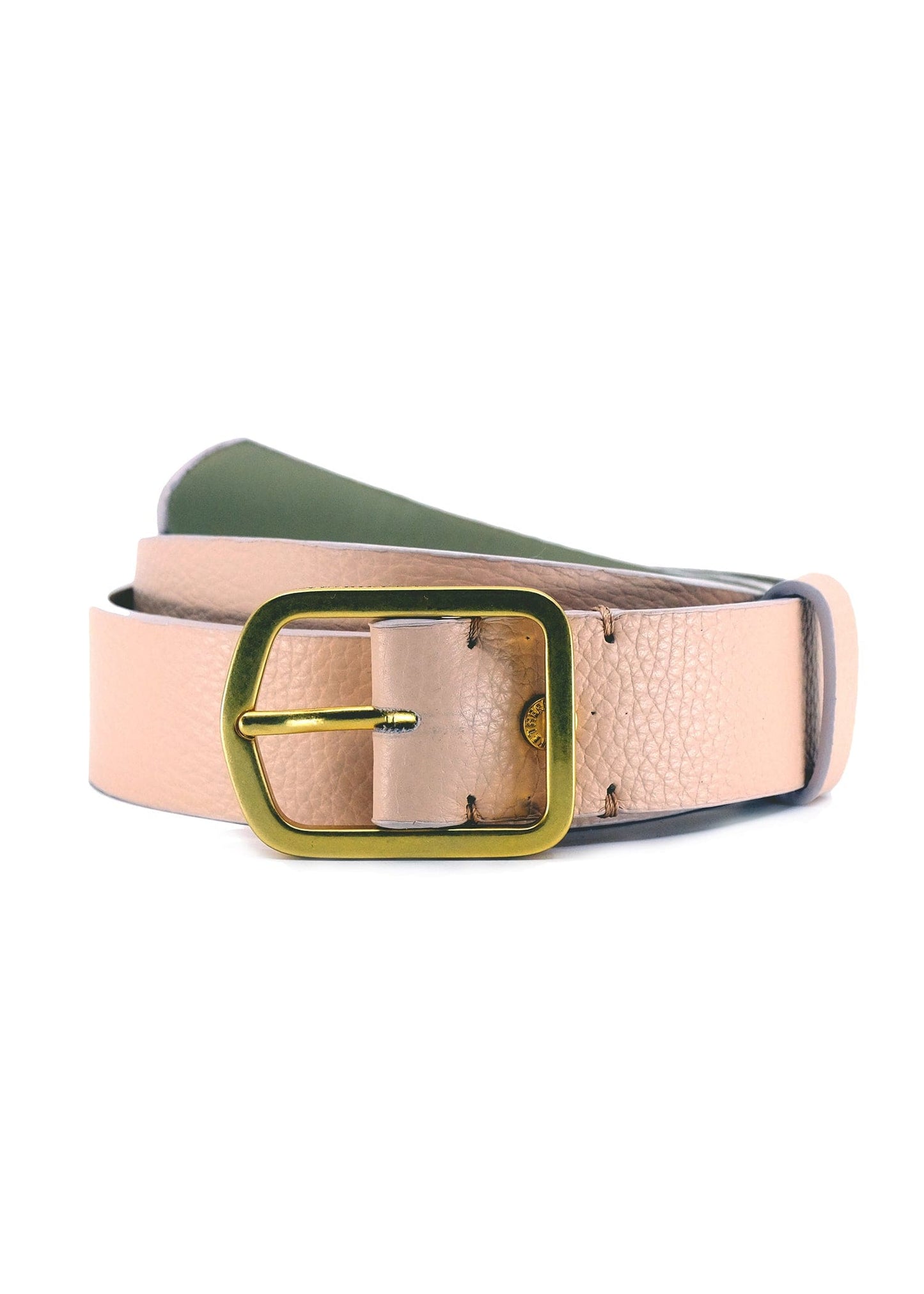 Coiled Nude Pink Grunge Belt in pebble-grain leather showing some interior and a gold buckle.