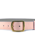 Front view of Nude Pink pebble-grain leather belt with a gold buckle and a contrasting neutral interior.