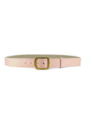 Horizontal view of Nude Pink Grunge Belt in pebble-grain leather with a gold buckle and interior.