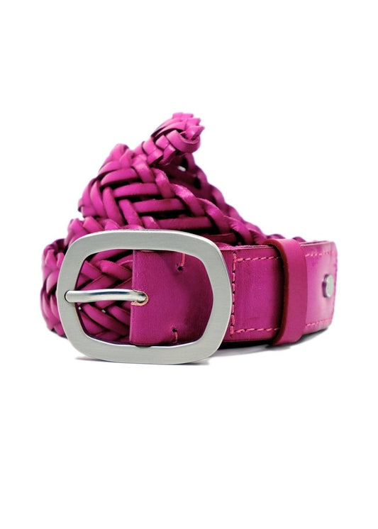 Coiled Barbie Pink braided leather belt with a matte silver buckle and pink stitching.