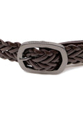 Macro of Espresso braided leather belt with a matte black buckle featuring an engraved "BIRD & ASH." logo.