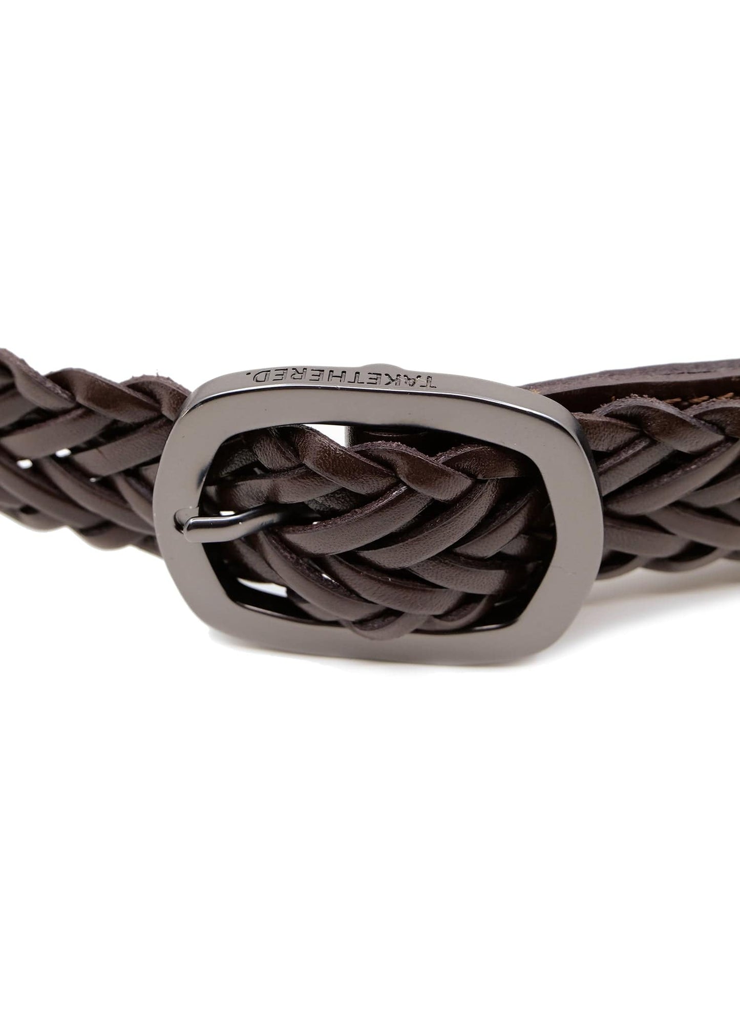 Macro of Espresso braided leather belt with a matte black buckle featuring an engraved "BIRD & ASH." logo.