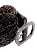 Close-up of Espresso dark brown braided belt with a matte black buckle featuring engraved "BIRD & ASH." logo.