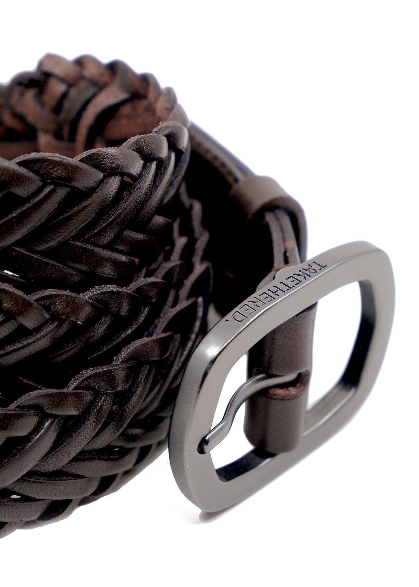 Close-up of Espresso dark brown braided belt with a matte black buckle featuring engraved "BIRD & ASH." logo.