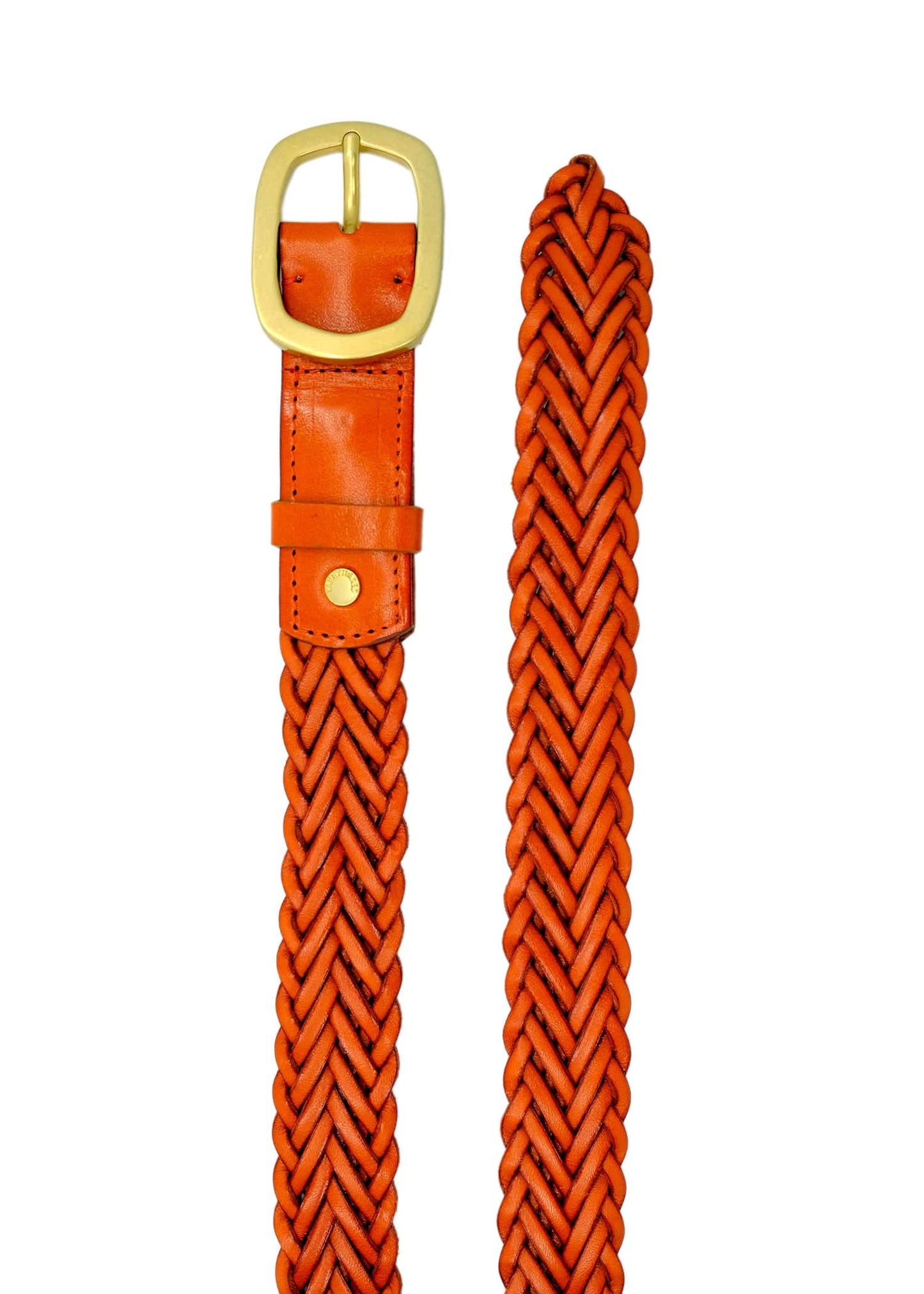 Top-down view of Tatooine Sunset orange braided leather belt with a matte gold buckle and matching leather loop.