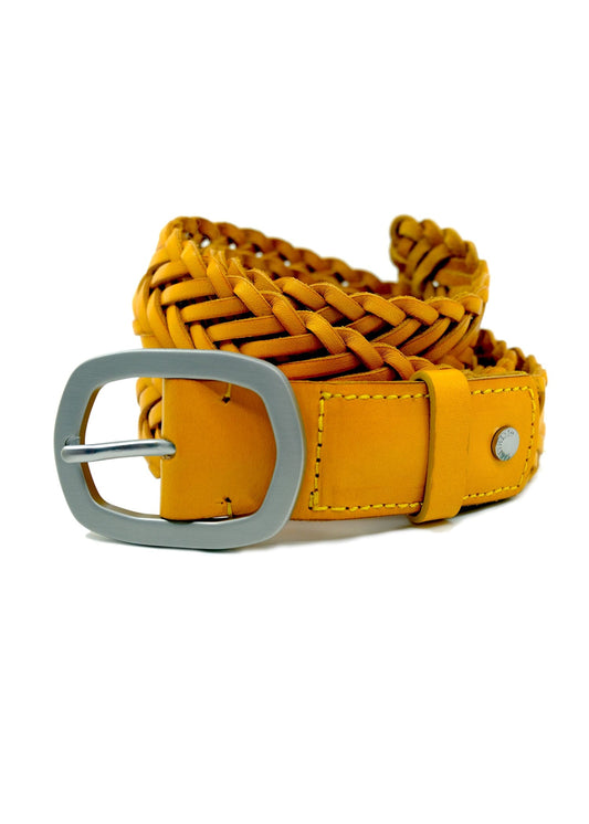 Coiled Submarine Yellow braided leather belt with a matte silver buckle and yellow stitching.